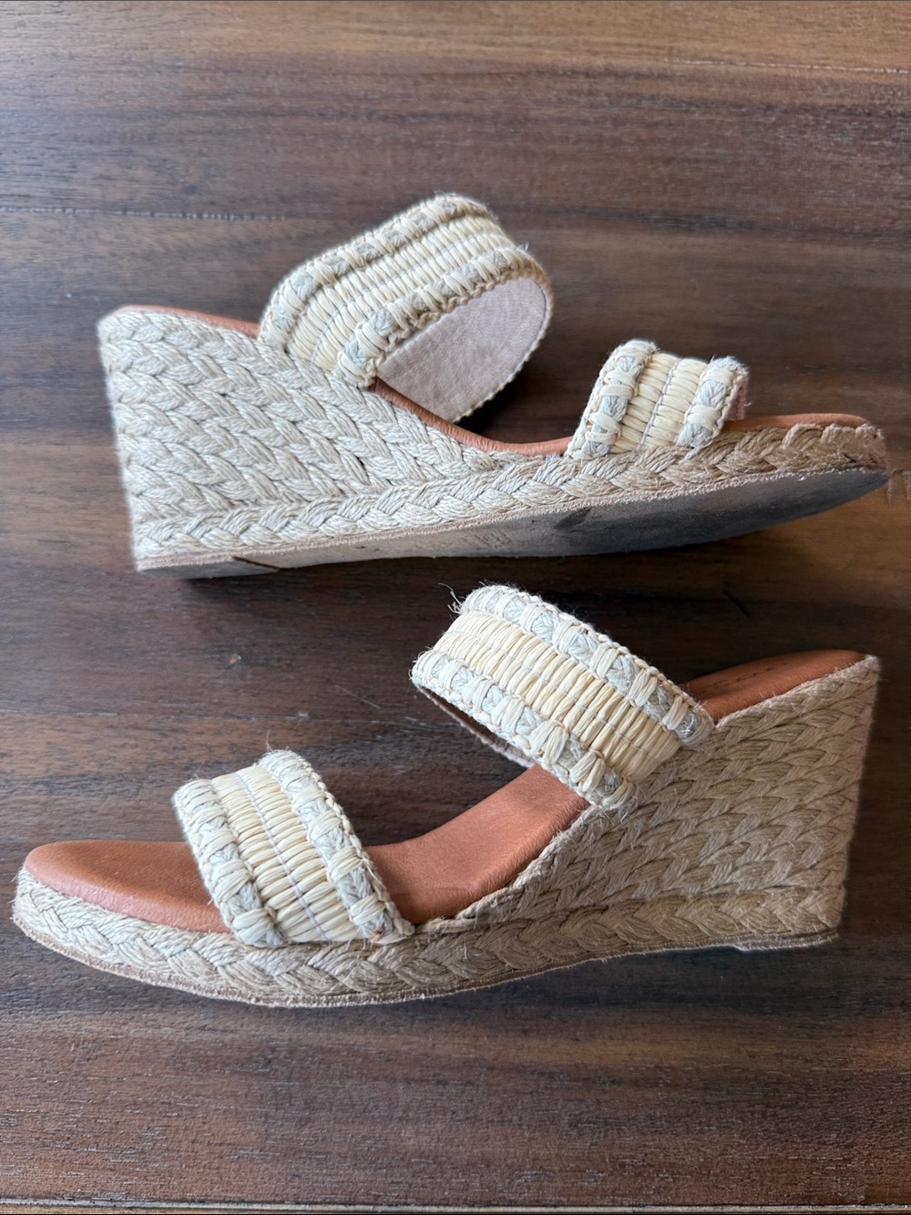 Spanish Andre Assous Natural Raffia Double-Strap Wedge Sandals